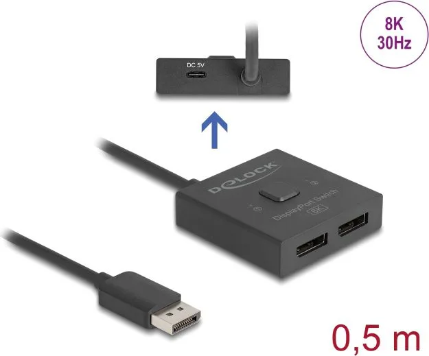 DELOCK DisplayPort switch 18906, 2 σε 1, bidirectional, 8K/30Hz, μαύρο — εικόνα 3