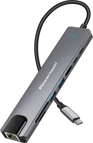 POWERTECH docking station PT-1537, 8 θυρών, USB-C σύνδεση, 100W PD, 1000Mbps, γκρι