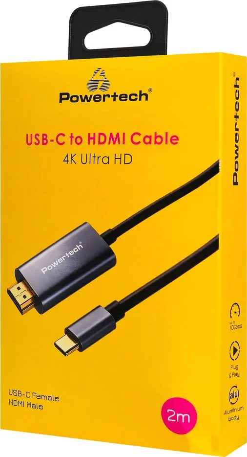 POWERTECH καλώδιο USB-C σε HDMI PTR-0210, 4K/30Hz, 10 Gbps, 2m, μαύρο — εικόνα 2