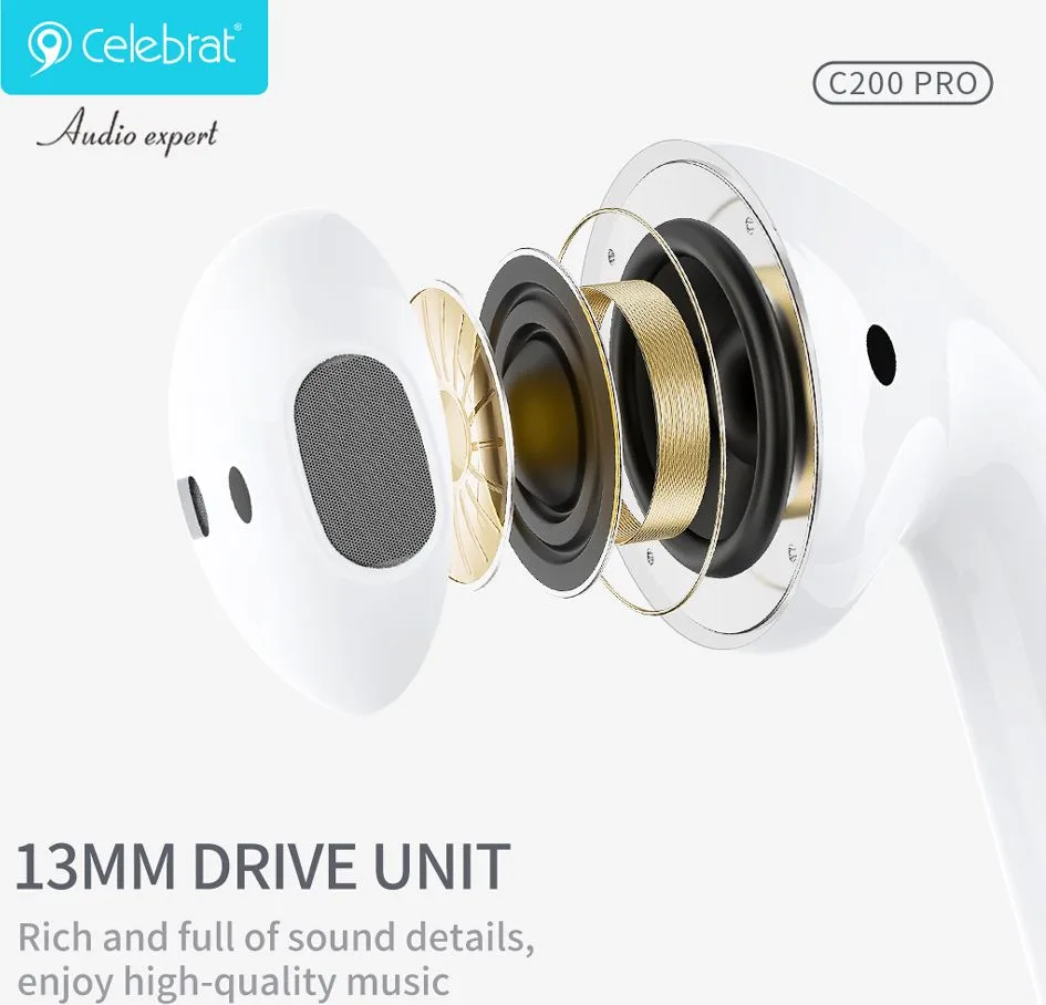 CELEBRAT earphones με θήκη φόρτισης C200 Pro, True Wireless, 13mm, 30/300mAh, λευκά — εικόνα 7
