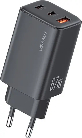 USAMS φορτιστής τοίχου CC265, USB & 2x USB-C, 67W, GaN, μαύρος