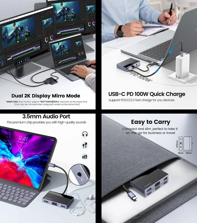 ORICO docking station DM-5P, 5 θυρών, USB-C σύνδεση, 100W PD, 4K, μαύρο — εικόνα 2