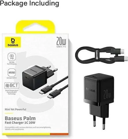 BASEUS Palm φορτιστής ΓΡΗΓΟΡΗΣ φόρτισης, 1 θύρα, ΠΕΡΙΛΑΜΒΑΝΕΙ καλώδιο Type-C ΣΕ Type-C, 20W, ΜΑΥΡΟΣ — εικόνα 2