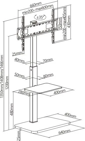 BRATECK βάση τηλεόρασης δαπέδου FS32-46, 37-75", έως 40kg, με ράφι — εικόνα 7