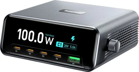 POWERTECH σταθμός φόρτισης PT-1622 με οθόνη, USB & 4x USB-C, GaN, 100W, ασημί