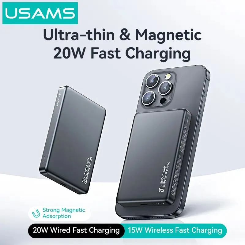 USAMS power bank CD242, magnetic wireless, USB-C έξοδος, 10000mAh, 20W, γκρι — εικόνα 3