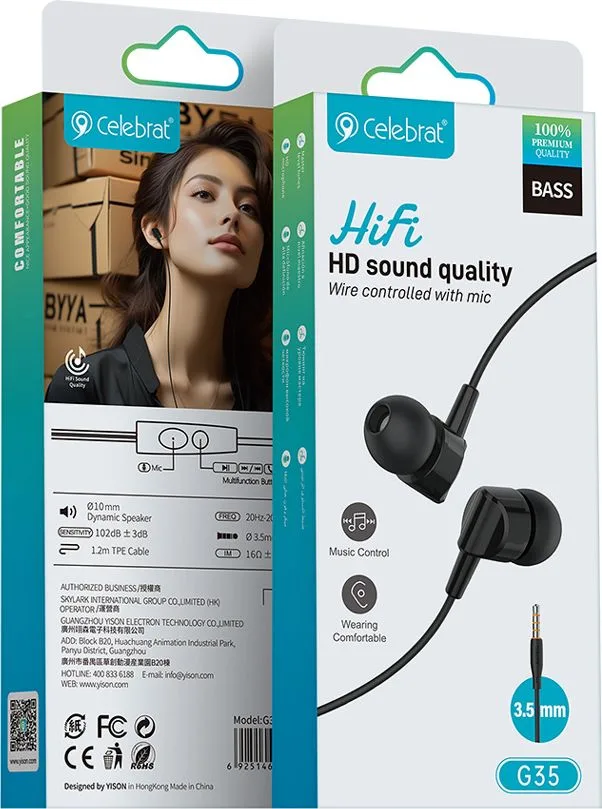 CELEBRAT earphones με μικρόφωνο G35, 3.5mm σύνδεση, 10mm, 1.2m, μαύρα — εικόνα 5