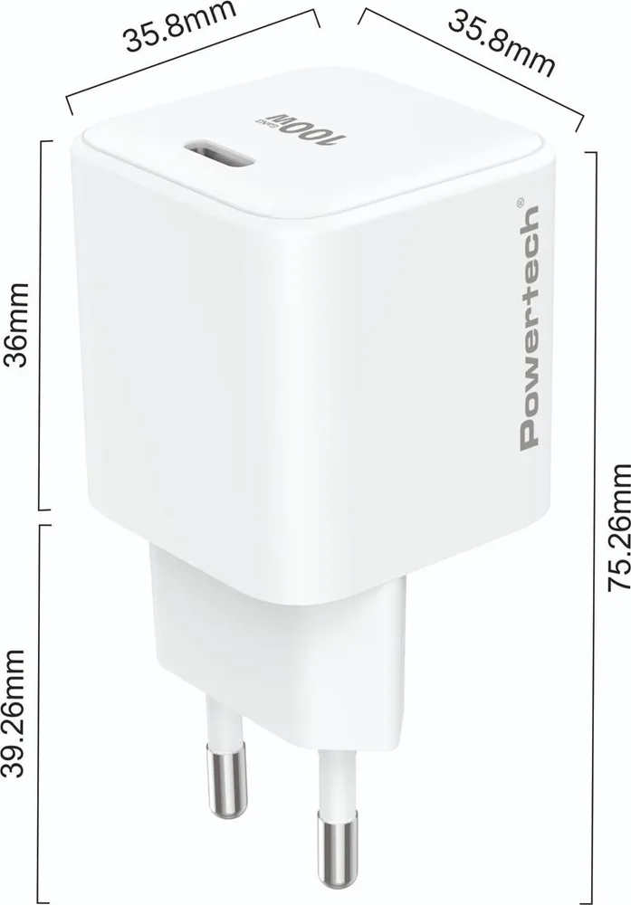 POWERTECH φορτιστής τοίχου PT-1612, USB-C, 100W, GaN, AVS, λευκός — εικόνα 2
