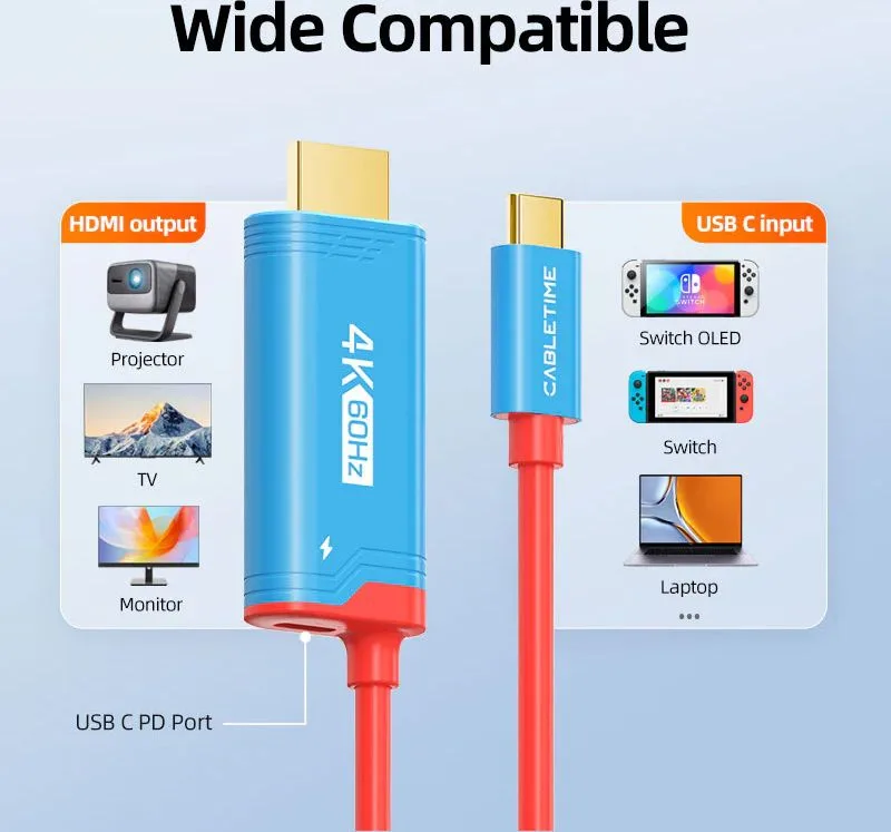 CABLETIME καλώδιο USB-C σε HDMI CT-CMHD4P, 4K/60Hz, PD100W, 2m, κόκκινο — εικόνα 4