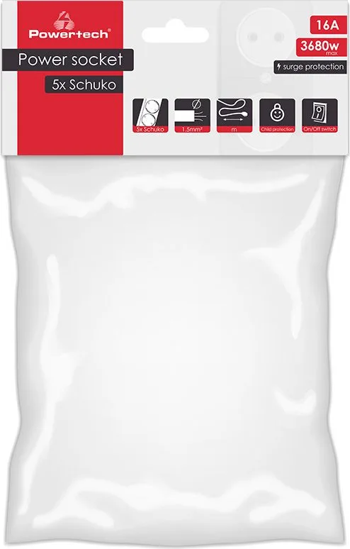 POWERTECH πολύπριζο ασφαλείας PT-880, 5x schuko, 16A, 1.5m, λευκό — εικόνα 2