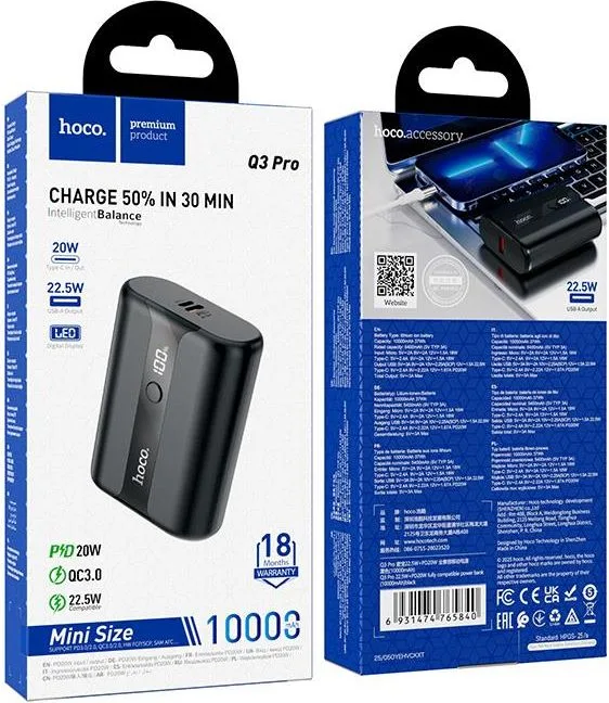 HOCO Q3 PRO 22.5W+PD20W Power Bank 10.000MAH, μαύρο — εικόνα 2
