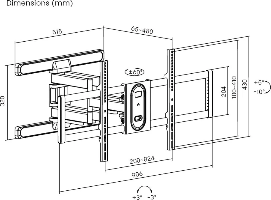 POWERTECH επιτοίχια βάση τηλεόρασης PT-1280, 43-100", έως 60kg, full motion — εικόνα 3