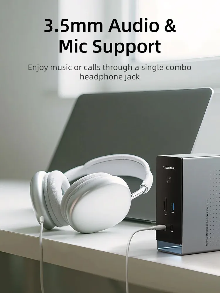 CABLETIME docking station CT-DK181-AG, 16 θυρών, USB-C σύνδεση, 100W PD, 1000Mbps, MST, γκρι — εικόνα 7