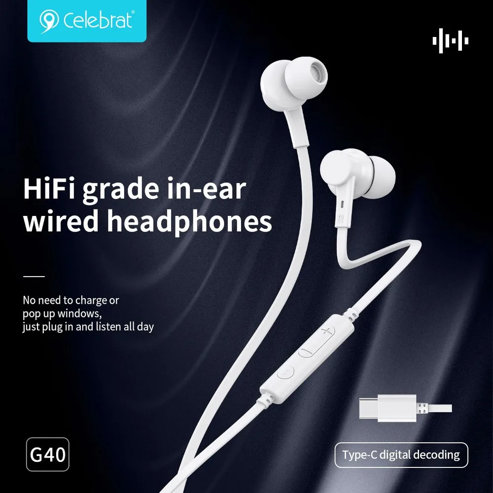 CELEBRAT earphones με μικρόφωνο G40, USB-C σύνδεση, 10mm, 1.2m, λευκά — εικόνα 4
