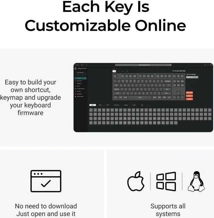 Keychron C1 Pro (C1PX-M1) QMK/VIA Mechanical Red Switch - 8K Polling Rate Hot Swap.80% US Retro RGB — εικόνα 5