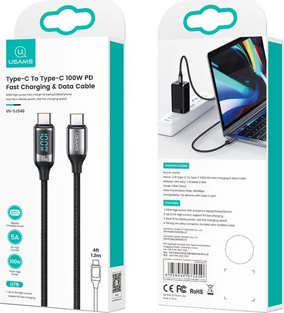 USAMS καλώδιο USB Type-C US-SJ546, 100W/5A, 1.2m, μαύρο — εικόνα 3