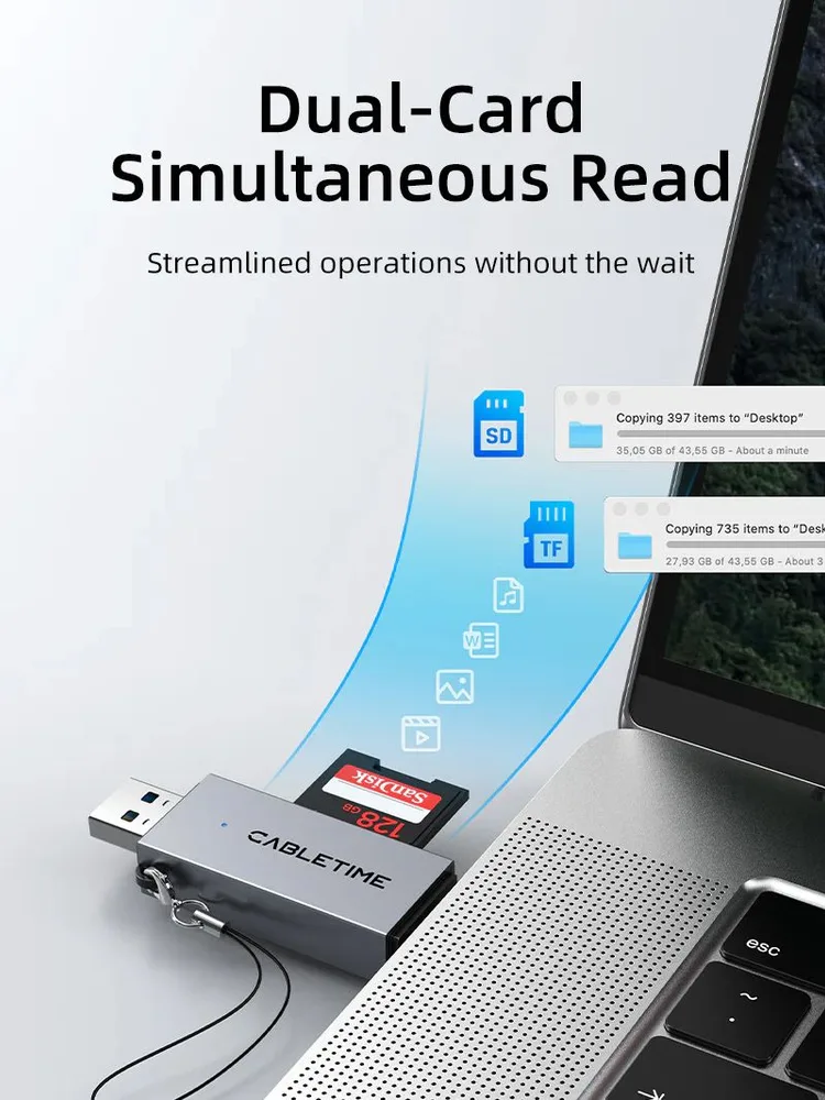 CABLETIME card reader CT-ACSD3-AG, SD/micro SD, USB/USB-C, 5Gbps, γκρι — εικόνα 6