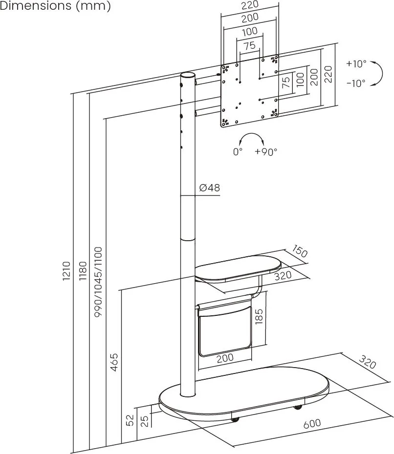 BRATECK βάση τηλεόρασης δαπέδου FS54-22T-02W, 17-43", έως 15kg, με ράφι & ροδάκια, λευκή — εικόνα 7