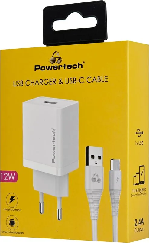POWERTECH φορτιστής τοίχου PT-1322 με καλώδιο USB-C, USB, 12W, λευκός — εικόνα 2
