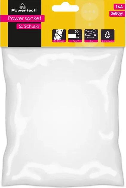 POWERTECH πολύπριζο PT-871, 5x schuko, 16A, 3m, λευκό — εικόνα 2