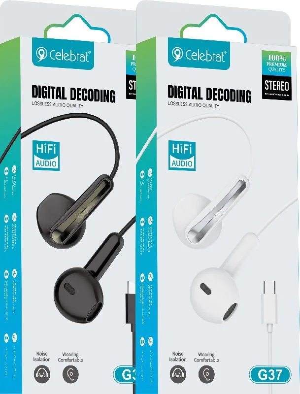 CELEBRAT earphones με μικρόφωνο G37, USB-C σύνδεση, 14.2mm, 1.2m, λευκά — εικόνα 4