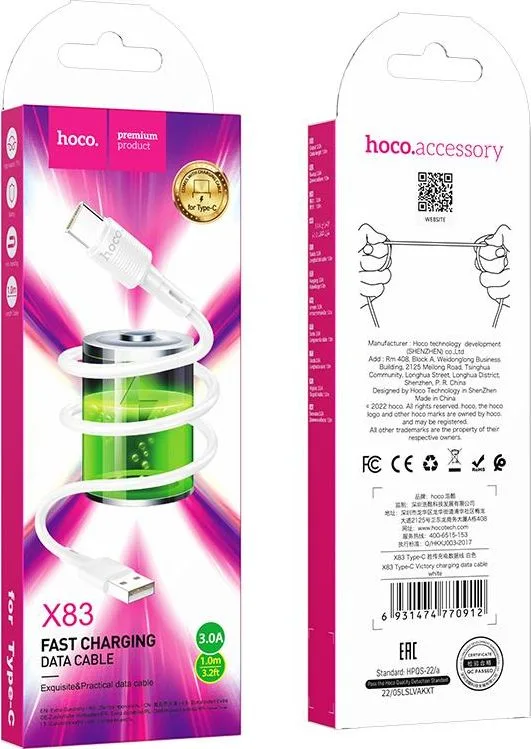 HOCO X83 καλώδιο φόρτισης Victory Type-C, λευκό — εικόνα 2