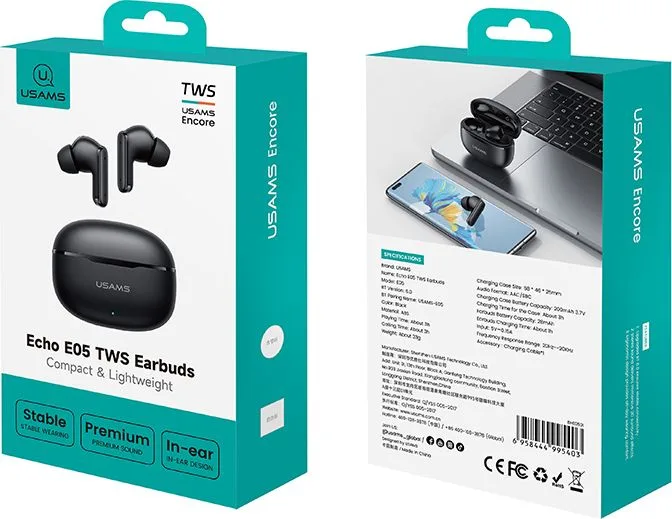 USAMS earphones με θήκη φόρτισης E05, True Wireless, BT 6.0, μαύρα — εικόνα 8