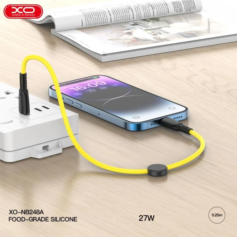 XO NB-Q248A καλώδιο φόρτισης Saluo Series Silicone PD ΣΕ Lightning, 27W, 25cm, ΚΙΤΡΙΝΟ — εικόνα 2