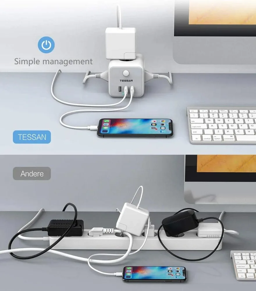 TESSAN TS301 πολύμπριζο 3 ΘΕΣΕΩΝ, 3 USB, Γκρι/λευκο — εικόνα 5
