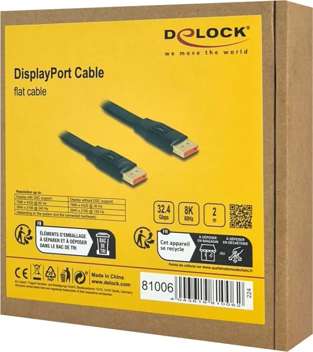 DELOCK καλώδιο DisplayPort 81006, flat, 8K/60Hz 32.4 Gbps HDR, 2m, μαύρο — εικόνα 4