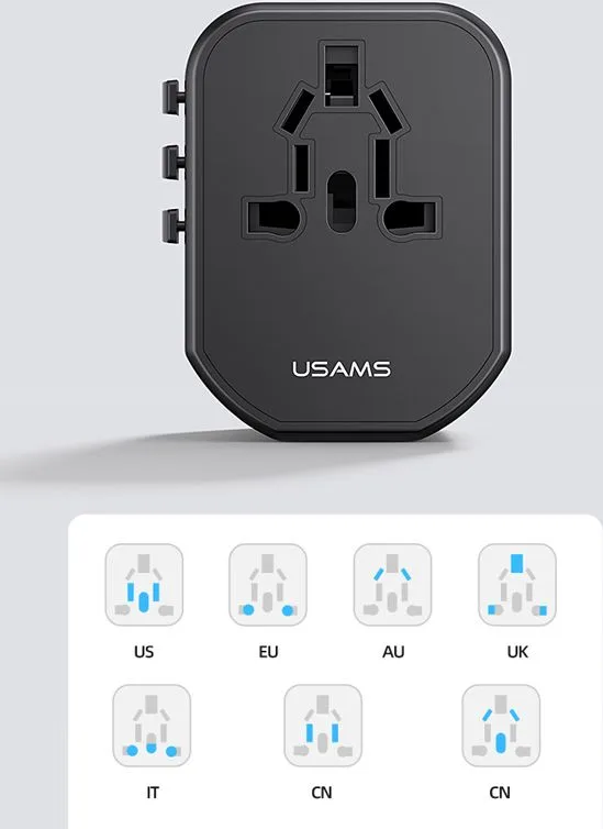 USAMS φορτιστής/αντάπτορας πρίζας US-CC179, USB-C & 2x USB, universal, 20W, μαύρος — εικόνα 5