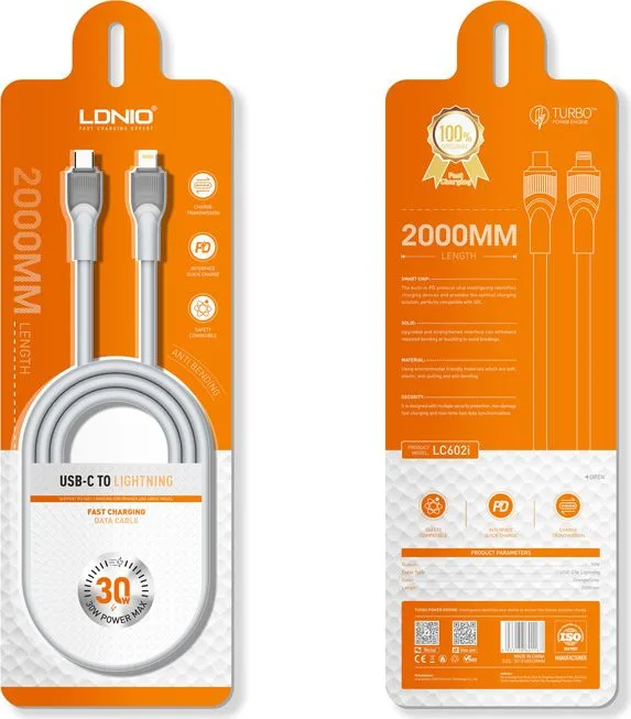 LDNIO καλώδιο Lightning σε USB-C LC602I, 30W PD, 2m, γκρι — εικόνα 4