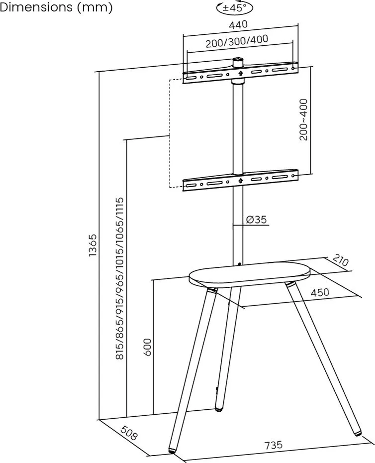 BRATECK βάση τηλεόρασης δαπέδου FS28-44F-04, 43-65", έως 35kg, με ράφι — εικόνα 6