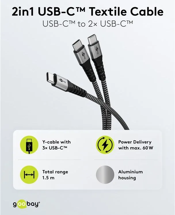 GOOBAY καλώδιο USB-C σε 2x USB-C 75739, 60W, 480Mbps, 1.5m, γκρι — εικόνα 3