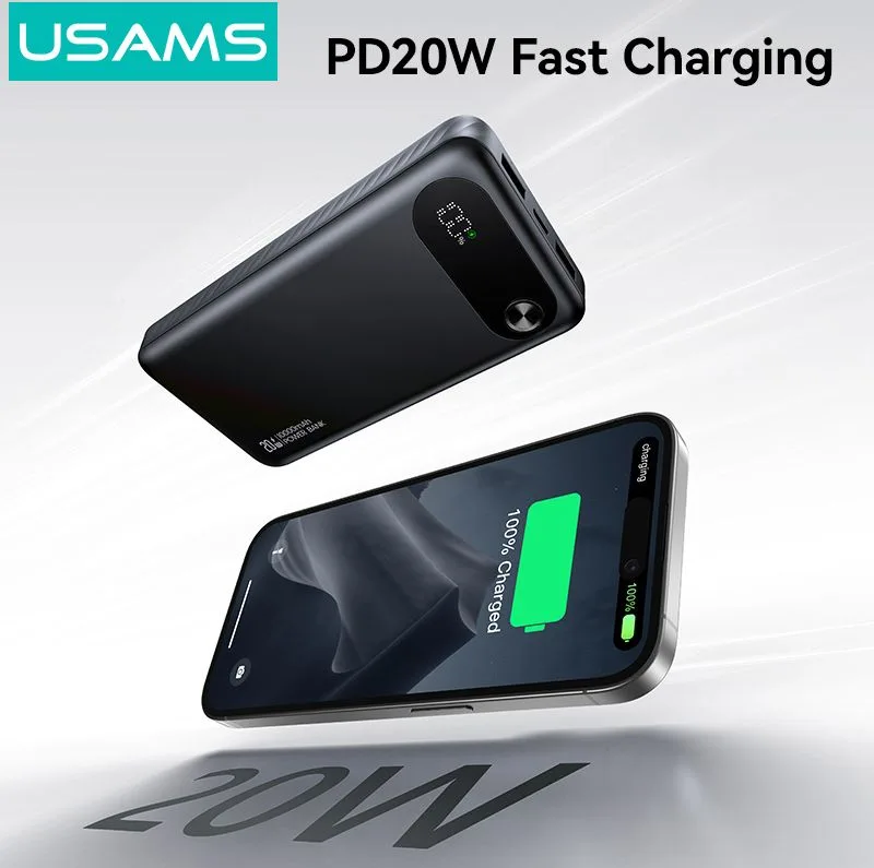 USAMS power bank CD249 με οθόνη, 3x θύρες εξόδου, 10000mAh, PD20W, λευκό — εικόνα 4