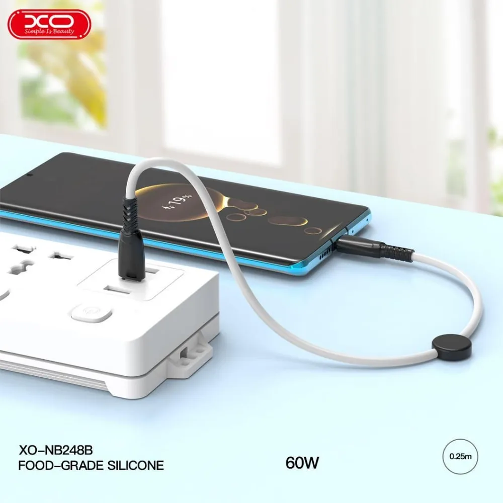 XO NB-Q248B καλώδιο φόρτισης Saluo Series Silicone PD ΣΕ Type-C, 60W, 25cm, λευκό — εικόνα 2