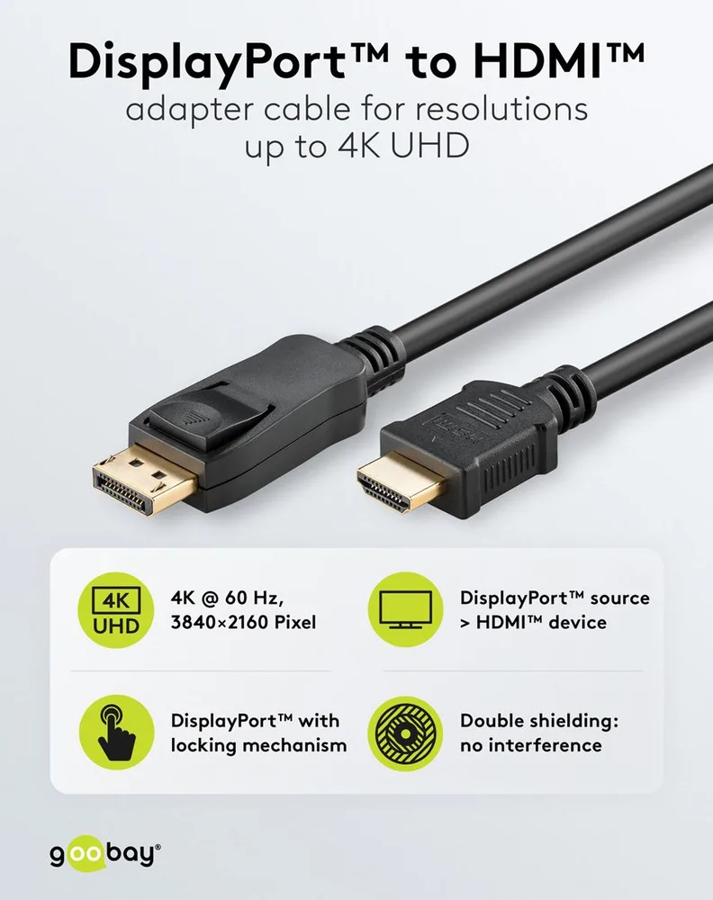 Καλώδιο DisplayPort σε HDMI GOOBAY, δύο συνδετήρες χρυσό και μαύρο χρώμα, προδιαγραφές 4K 60Hz και διπλή θωράκιση