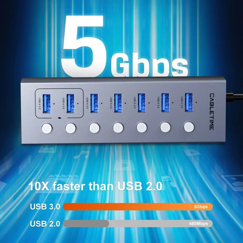 CABLETIME USB hub CT-HUBU7-AG, 7x θυρών, 5Gbps, USB σύνδεση, 1m, γκρι — εικόνα 5