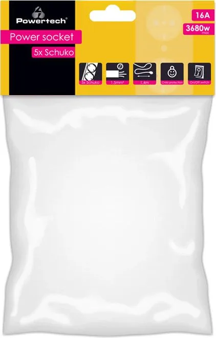 POWERTECH πολύπριζο ασφαλείας PT-1057, 5x schuko, 16A, 1.4m, λευκό — εικόνα 2