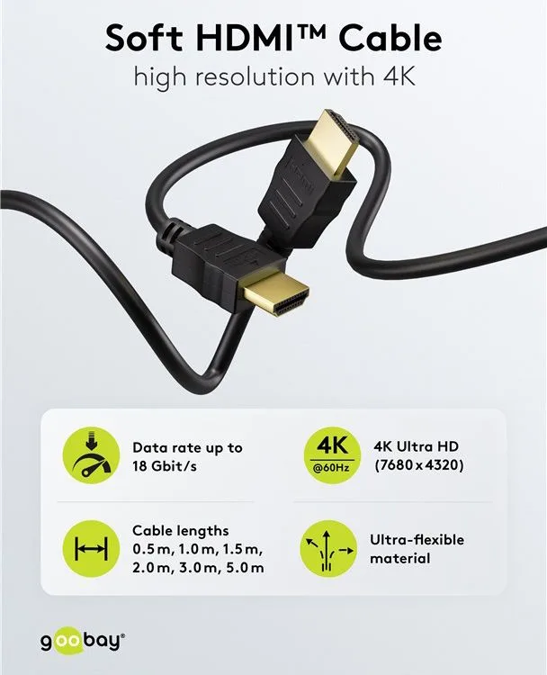 GOOBAY καλώδιο HDMI 80096 με Ethernet, soft, 4K/60Hz, 18 Gbps, 0.5m, μαύρο — εικόνα 3