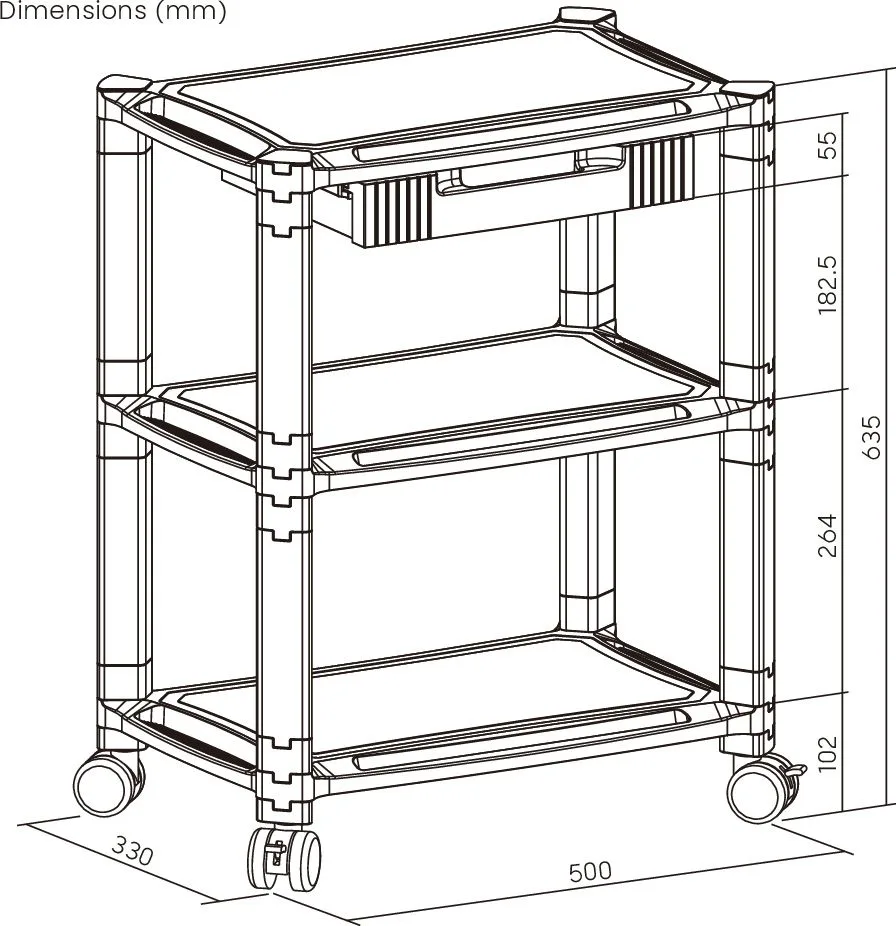 BRATECK ραφιέρα δαπέδου AMS-5L με ροδάκια, 3 ράφια, 50x33x63.5cm, έως 10kg, μαύρη — εικόνα 7