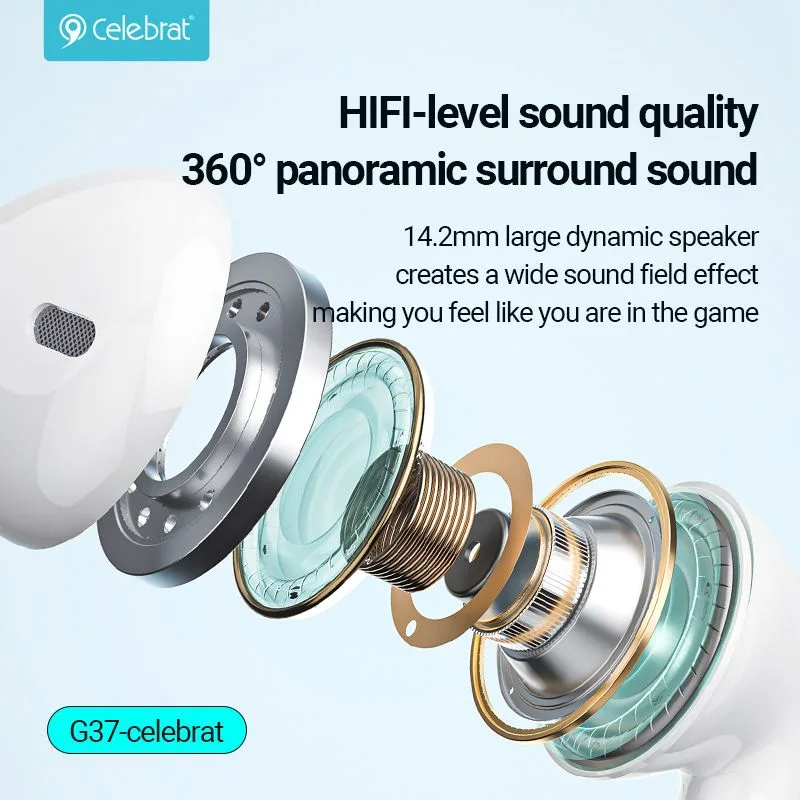 CELEBRAT earphones με μικρόφωνο G37, USB-C σύνδεση, 14.2mm, 1.2m, λευκά — εικόνα 3