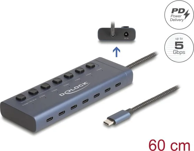DELOCK USB-C hub 63410 με διακόπτες, 7x θυρών, 5Gbps, 20W, USB-C σύνδεση, μπλε — εικόνα 3