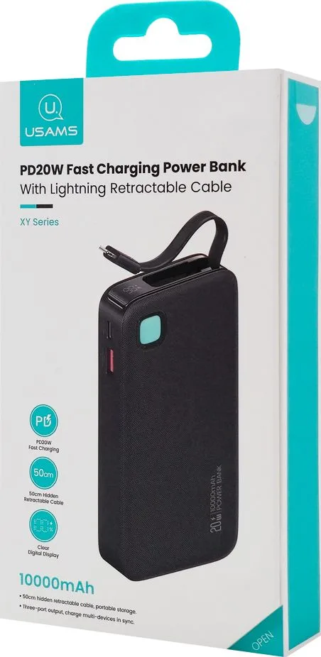 USAMS power bank CD225 με καλώδιο Lightning, 2x θύρες εξόδου, 10000mAh, 20W, μαύρο — εικόνα 6