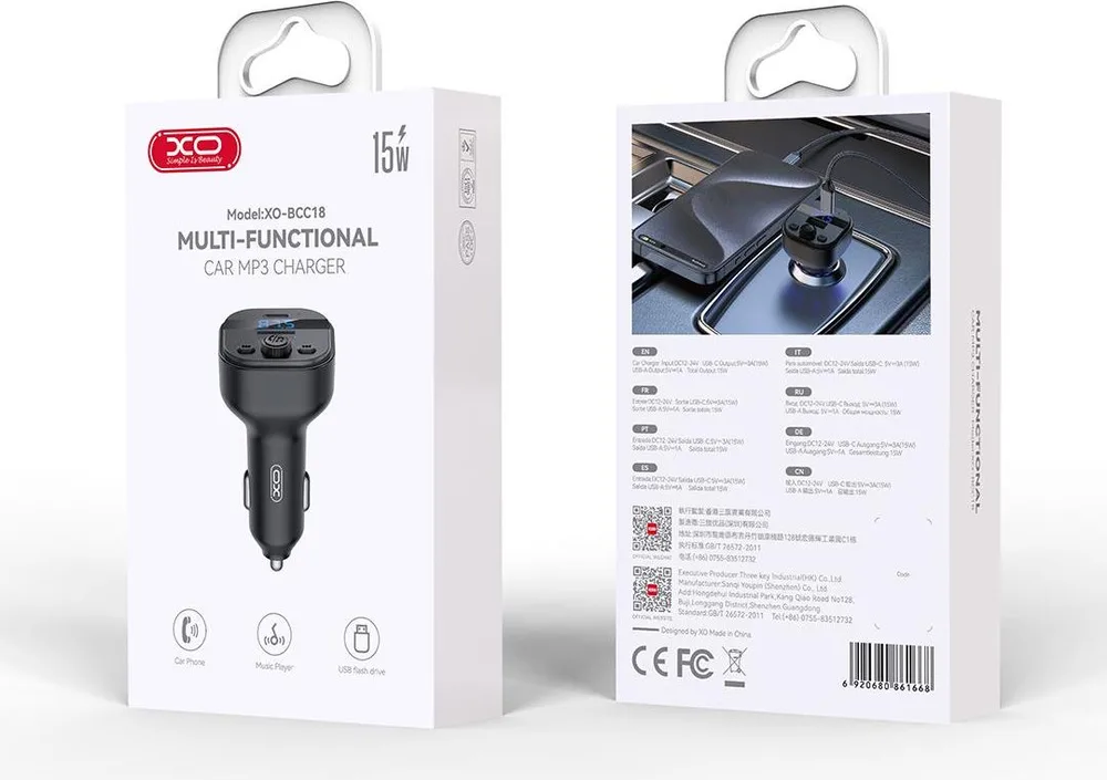 XO BCC18 Smart φορτιστής ΑΥΤΟΚΙΝΗΤΟΥ με Blyetooth MP3, 3A, μαύρο — εικόνα 3