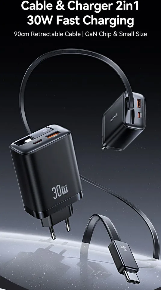 USAMS φορτιστής τοίχου CC296 με καλώδιο, USB & USB-C, 30W, μαύρος — εικόνα 2