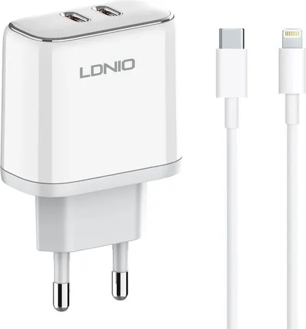 LDNIO φορτιστής τοίχου A2528M με καλώδιο, 2x USB-C, 35W, MFi, λευκό