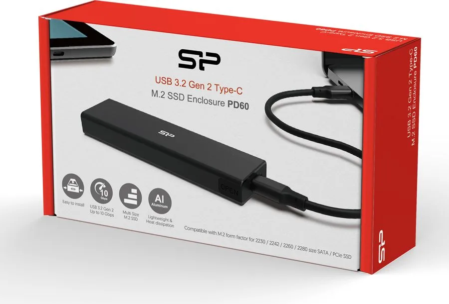 SILICON POWER θήκη για M.2 PCIe NVMe/SATA SSD PD60, tool free, 10Gbps, μαύρη — εικόνα 6