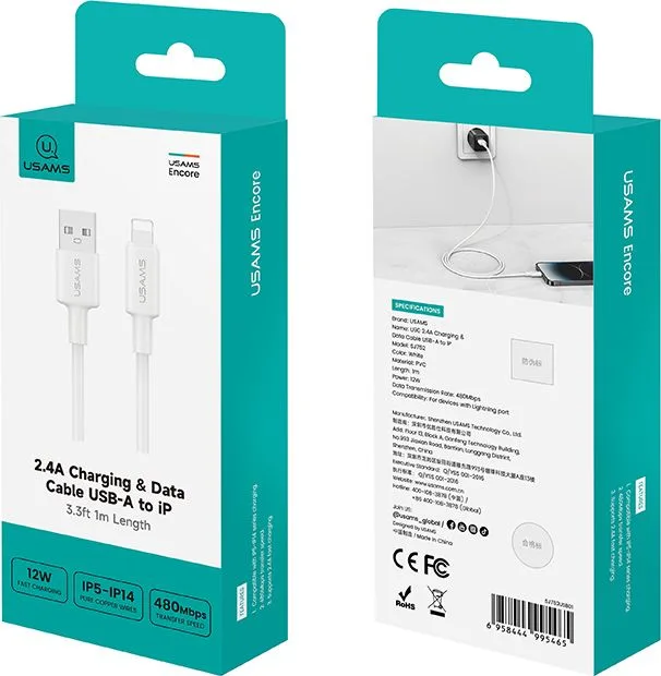 USAMS καλώδιο Lightning σε USB SJ762, 2.4A 12W, 480Mbps, 1m, λευκό — εικόνα 6