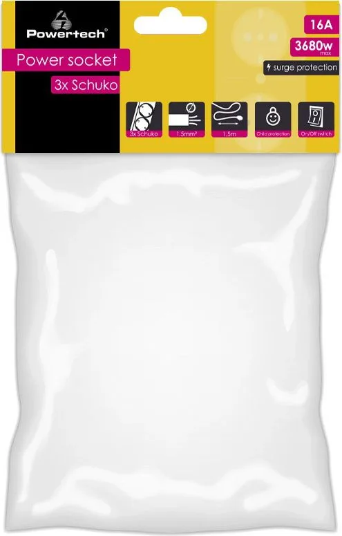POWERTECH πολύπριζο ασφαλείας PT-879, 3x schuko, 16A, 1.5m, λευκό — εικόνα 2